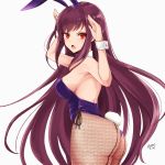  1girl akari4 animal_ears ass bangs blush breasts bunny_ears bunny_pose bunny_tail bunnysuit detached_collar fake_animal_ears fate/grand_order fate_(series) fishnet_legwear fishnets hair_between_eyes hands_up highleg highleg_leotard highres large_breasts leotard long_hair looking_at_viewer looking_back open_mouth pantyhose piercing_bunny purple_hair purple_leotard red_eyes scathach_(fate)_(all) scathach_(fate/grand_order) simple_background tail thighs white_background wrist_cuffs 