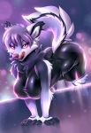  anthro black_body black_fur blush breasts canid canine canis clothing female fur glistening glistening_body grey_body grey_fur hi_res mammal pinup pose raised_tail red_eyes rubber rubber_suit solo tongue tongue_out valencia valencia_(yumelle) wolf wolf_tail yumelle 