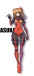  1girl absurdres adapted_costume blue_eyes blush bodysuit character_name eyebrows_visible_through_hair eyepatch full_body highres long_hair looking_at_viewer neon_genesis_evangelion orange_hair plugsuit red_bodysuit shizuoxing_kof solo souryuu_asuka_langley twintails upper_teeth waving white_background 