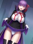  1girl bangs bb_(fate)_(all) bb_(fate/extra_ccc) black_coat black_skirt breasts coat fate/extra fate/extra_ccc fate_(series) gloves hair_ribbon high-waist_skirt highleg highleg_leotard highres large_breasts leotard long_hair long_sleeves masatoki neck_ribbon open_clothes open_coat open_mouth popped_collar purple_eyes purple_hair red_ribbon ribbon skirt skirt_lift smile thighs very_long_hair white_gloves white_leotard wide_sleeves 
