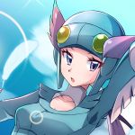  1girl aqua_background arm_up breasts collarbone commentary_request eyelashes feathers gym_leader helmet long_hair long_sleeves looking_to_the_side miyama-san open_mouth pokemon pokemon_(game) pokemon_oras purple_hair solo tongue upper_body winona_(pokemon) 