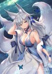  1girl animal_ear_fluff animal_ears arm_up azur_lane bare_shoulders blue_dress blue_eyes bracelet breasts bug butterfly choker cleavage dress feather_boa fox_ears fox_girl fox_tail hair_ornament highres insect jewelry kyuubi large_breasts large_tail long_hair looking_at_viewer multiple_tails parted_lips shimozuki_shio shinano_(azur_lane) shinano_(light_of_the_hazy_moon)_(azur_lane) silver_hair sleeveless sleeveless_dress solo spaghetti_strap standing tail two-tone_dress very_long_hair 