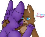  2015 alpha_channel anthro black_nose blue_eyes bodily_fluids bonnie_(fnaf) brown_body brown_fur drooling duo eye_contact five_nights_at_freddy&#039;s freddy_(fnaf) fur glistening glistening_body kissing lagomorph leporid long_ears looking_at_another looking_pleasured male male/male mammal multicolored_body multicolored_fur purple_body purple_fur rabbit saliva scurryy side_mouth simple_background smile tongue tongue_out transparent_background ursid ursine video_games 