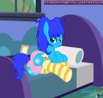  absurd_res bed blush bulge butt clothing equid equine fan_character footwear furniture girly hasbro hi_res horse legwear male mammal my_little_pony pony semi-anthro signature smile socks solo starpaint0011 thigh_highs underwear 