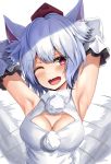  1girl animal_ear_fluff animal_ears armpits bare_shoulders blush breasts cleavage cleavage_cutout clothing_cutout detached_sleeves eyebrows_visible_through_hair hat inubashiri_momiji kerotsupii_deisuku large_breasts long_hair one_eye_closed open_mouth pom_pom_(clothes) presenting_armpit red_eyes shirt short_hair silver_hair sleeveless sleeveless_shirt solo tail tokin_hat touhou turtleneck white_shirt wolf_ears wolf_tail 