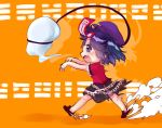  1girl bangs black_skirt cabbie_hat carrot_on_stick chasing colored_shadow commentary_request dust_cloud fang frilled_shirt frilled_skirt frills ghost hat jiangshi medium_hair miyako_yoshika motion_blur ofuda open_mouth orange_background outstretched_arms purple_eyes purple_hair purple_headwear red_shirt running shadow shirt skirt smoke_trail solo star_(symbol) teeth touhou translation_request unime_seaflower zombie_pose 