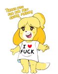  &lt;3 2019 3_toes 4_fingers animal_crossing anthro barefoot brachyzoid canid canine canis clothing dialogue domestic_dog english_text female fingers floppy_ears fur hair heart_clothing heart_print heart_shirt heart_topwear hi_res isabelle_(animal_crossing) mammal nintendo open_mouth open_smile print_clothing print_shirt print_topwear profanity shirt simple_background smile solo standing text text_on_clothing text_on_shirt text_on_topwear toes topwear video_games 
