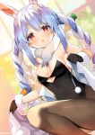  1girl :o animal_ear_fluff animal_ears bare_arms bare_shoulders black_gloves black_leotard blue_hair braid breasts brown_legwear bunny_ears carrot_hair_ornament coat coat_removed covered_navel extra_ears food_themed_hair_ornament fur_collar fur_trim gloves hair_ornament hololive knee_up kurot leotard long_hair looking_at_viewer pantyhose parted_lips red_eyes sidelocks small_breasts solo strapless strapless_leotard thick_eyebrows twin_braids twintails usada_pekora very_long_hair virtual_youtuber white_coat 
