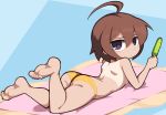  1girl :t ahoge ass average-hanzo barefoot beach_towel bikini_tan blush chibi commentary english_commentary feet food from_behind full_body huge_ahoge legs_up linne looking_back lying on_stomach panties popsicle purple_eyes short_hair soles solo tan tanline the_pose topless towel under_night_in-birth underwear yellow_panties 