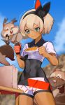  1girl anger_vein bag bangs bea_(pokemon) black_bodysuit black_hairband blonde_hair blue_eyes blurry blurry_background blush bodysuit bodysuit_under_clothes bow_hairband clenched_hands closed_mouth cloud collared_shirt commentary_request dark_skin day eyelashes gen_8_pokemon gloves greedent gym_leader hair_between_eyes hairband hands_up highres katwo looking_down outdoors paper_bag pokemon pokemon_(creature) pokemon_(game) pokemon_swsh print_shirt print_shorts shirt short_hair short_sleeves shorts single_glove skwovet sky sweat tied_shirt trembling v-shaped_eyebrows 