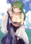  1girl ;p bare_shoulders blue_skirt blue_sky breasts cleavage cloud collarbone commentary_request culter day detached_sleeves frog_hair_ornament green_eyes green_hair hair_ornament hair_tubes highres kochiya_sanae leaning_forward long_hair looking_at_viewer medium_breasts one_eye_closed outdoors skirt sky smile snake_hair_ornament solo standing summer tongue tongue_out touhou v wet wet_clothes 