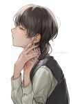  1boy absurdres brown_hair earrings from_side highres jewelry kashuu_kiyomitsu male_focus mole mole_under_mouth ponytail red_eyes red_nails shi_niao touken_ranbu twitter_username upper_body waistcoat 