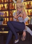  1girl ahoge animal_ears artoria_pendragon_(all) artoria_pendragon_(swimsuit_ruler)_(fate) bangs bar bare_shoulders blonde_hair blue_legwear blue_neckwear blush braid breasts bunny_ears bunnysuit card cleavage clothing_cutout cocktail_glass cup detached_collar drinking_glass fate/grand_order fate_(series) feather_boa fishnet_legwear fishnets flower french_braid green_eyes hair_between_eyes high_heels highleg highleg_leotard highres knee_up large_breasts legs leotard long_hair looking_at_viewer lsls navel navel_cutout necktie plant playing_card ponytail potted_plant sidelocks sitting smile tiara white_leotard wrist_cuffs 