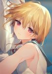  1girl :t ainy77 armpits bare_shoulders blonde_hair blurry closed_mouth depth_of_field highres looking_at_viewer lying on_side original pillow pout red_eyes sailor_collar self_shot shirt short_hair sleeveless sleeveless_shirt solo upper_body white_shirt 