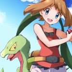  1girl bangs bare_arms blue_eyes blush brown_hair cloud collarbone commentary_request day eyebrows_visible_through_hair eyelashes fanny_pack floating_hair gen_3_pokemon grovyle hairband holding holding_poke_ball looking_at_viewer may_(pokemon) miyama-san open_mouth outdoors poke_ball poke_ball_(basic) pokemon pokemon_(creature) pokemon_(game) pokemon_oras red_hairband red_tank_top shorts sky tank_top teeth white_shorts 