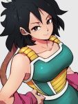  1girl black_hair breasts brown_eyes closed_mouth collarbone dragon_ball dragon_ball_super dragon_ball_super_broly gine grey_background hand_on_hip kemachiku looking_at_viewer medium_breasts monkey_tail short_hair simple_background smile solo tail 