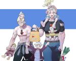  2boys 5girls abs airpro033 belt blonde_hair blue_eyes breasts chest child contemporary couple cowboy_shot denim dorohedoro hetero highres jeans korean_text long_hair midriff multiple_boys multiple_girls muscle muscular_female noi_(dorohedoro) on_head pants red_eyes shin_(dorohedoro) short_hair stitches veins white_hair 