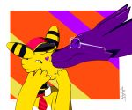  2019 4_fingers ampharos clothed clothing cuchufleh_(character) dittozard duo eminto emito_(character) eyewear feral fingers glasses hat headgear headwear hi_res horn kissing male necktie nintendo partially_clothed pok&eacute;mon pok&eacute;mon_(species) purple_body purple_skin signature simple_background video_games 