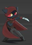  &gt;:3 2017 absurd_res anthro belt biped boots cloak clothed clothing dagger domestic_cat fantasy felid feline felis female footwear gloves handwear hi_res lasingro looking_aside mae_borowski mammal melee_weapon night_in_the_woods red_eyes rogue signature simple_background smile solo text video_games weapon 