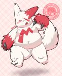  2016 absurd_res anthro belly blush debudave_12 fur hi_res kemono nintendo one_eye_closed overweight overweight_anthro pok&eacute;mon pok&eacute;mon_(species) red_body red_fur solo video_games white_body white_fur wink zangoose zangoose_day 