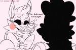  animatronic anthro blush bodily_fluids bow canid canine cheek_tuft duo english_text eyes_closed facial_tuft fingers five_nights_at_freddy&#039;s fox funtime_foxy_(fnafsl) funtime_freddy_(fnafsl) hair happy machine male mammal monochrome robot sharp_teeth sister_location smile sweat teeth text tongue toy-bonnie tuft ursid video_games 