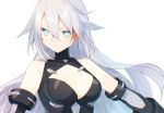  1girl absurdres bare_shoulders black_gloves black_heart black_leotard blue_eyes breasts buran_buta cleavage elbow_gloves gloves highres leotard long_hair looking_to_the_side medium_breasts neptune_(series) power_symbol solo symbol-shaped_pupils very_long_hair white_hair 