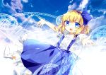  1girl absurdres alice_margatroid alice_margatroid_(pc-98) artist_request blonde_hair blue_eyes blue_hairband blue_skirt blush bobby_socks bow cloud cloudy_sky eyebrows_visible_through_hair feet_out_of_frame flying frilled_shirt_collar frilled_skirt frills hairband happy highres looking_at_viewer magic_circle open_mouth outstretched_arms puffy_short_sleeves puffy_sleeves shirt short_hair short_sleeves skirt sky socks solo touhou touhou_(pc-98) white_bow white_shirt 