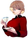  1girl bangs blonde_hair blue_eyes braid closed_mouth commentary cropped_torso cup darjeeling_(girls_und_panzer) eyebrows_visible_through_hair girls_und_panzer highres holding holding_cup holding_saucer insignia jacket long_sleeves looking_at_viewer military military_uniform mityubi red_jacket saucer short_hair simple_background smile solo st._gloriana&#039;s_military_uniform teacup tied_hair twin_braids uniform upper_body white_background 