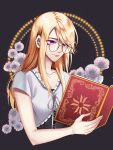  1girl absurdres black_dress blonde_hair blush book bronzesauluoi closed_mouth collarbone commentary dress english_commentary eyebrows_visible_through_hair final_fantasy final_fantasy_xv flower frills glasses hair_between_eyes highres holding holding_book jacket lips long_hair purple_eyes reading ribbon smile solo star_(symbol) stella_nox_fleuret white_flower white_jacket white_ribbon 