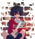  1girl black_eyes black_legwear closed_mouth collared_shirt crossed_legs feet_out_of_frame holding holding_instrument hood hood_down instrument ka_(marukogedago) keyboard_(instrument) long_sleeves looking_at_viewer melodica original purple_hair red_hoodie shirt short_hair sitting socks solo white_shirt wing_collar 