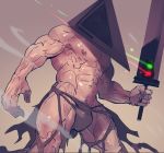  1boy abs alternate_weapon bara bare_chest briefs bulge chest feet_out_of_frame glowing helmet large_hands male_focus muscle navel nipples pyramid_head rybiokaoru shiny silent_hill_2 solo sword thick_thighs thighs torn_clothes underwear weapon 