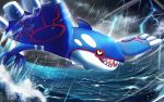  black_sclera cloud commentary_request dark_sky gen_3_pokemon kyogre legendary_pokemon lightning looking_up no_humans open_mouth outdoors pokemon rain rowdon sharp_teeth teeth tongue water water_drop waves yellow_eyes 