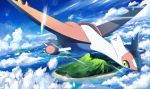  above_clouds cloud commentary day flying gen_3_pokemon island latias legendary_pokemon looking_to_the_side no_humans ocean outdoors pokemon pokemon_(creature) rowdon sky water yellow_eyes 