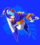  1girl android blue_background blue_eyes full_body gloves helmet high_heels highres leg_hug legs_together leviathan_(rockman) omeehayo rockman rockman_zero simple_background smile solo thighhighs white_gloves 