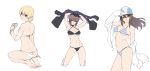  3girls adjusting_clothes adjusting_headwear armpits arms_up ass ass_cutout ban!_(bansankan) bangle bangs bare_shoulders bikini black_bikini black_gloves black_jacket blonde_hair blue_eyes bracelet braid breasts brown_eyes brown_hair butt_crack cleavage clothing_cutout cup darjeeling_(girls_und_panzer) dimples_of_venus feet full_body garrison_cap girls_und_panzer gloves hair_between_eyes halterneck hat highres holding holding_clothes holding_cup holding_jacket horizontal_stripes jacket jewelry kneeling kuromorimine_military_uniform long_hair looking_at_viewer looking_back mika_(girls_und_panzer) multiple_girls navel nishizumi_maho o-ring o-ring_top off-shoulder_jacket seiza short_hair sidelocks sitting smile striped striped_bikini swimsuit teacup thighs toes tulip_hat underboob white_background white_bikini 