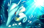  bubble closed_mouth foam gen_2_pokemon gen_3_pokemon highres kingdra light_beam looking_down luvdisc no_humans pokemon pokemon_(creature) red_eyes rowdon swimming underwater 