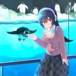  1girl absurdres aquarium bird blush breasts commentary_request earmuffs eyebrows_visible_through_hair gentoo_penguin gentoo_penguin_(kemono_friends) gesture hairband highres ice kemono_friends long_hair looking_at_viewer penguin pleated_skirt skirt smile watayoshi_(suiiho) yellow_eyes 