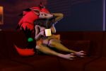  3d_(artwork) anthro anthrofied canid canine commodor-richter cup digital_media_(artwork) female furniture hair hi_res mammal nintendo paws pok&eacute;mon pok&eacute;mon_(species) red_hair relaxing sofa solo source_filmmaker video_games zoroark 