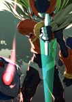  1boy after_(artist) android blonde_hair cape cowboy_shot energy_blade energy_sword facing_viewer helmet highres holding holding_weapon long_hair male_focus rockman rockman_zero serious solo sword weapon zero_(rockman) 