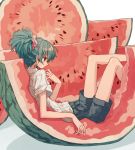  1girl feet_out_of_frame food from_side fruit green_hair grey_shorts hair_ornament hair_scrunchie in_food ka_(marukogedago) original parted_lips ponytail reclining red_eyes scrunchie shirt short_sleeves shorts solo striped striped_shirt sweat watermelon watermelon_seeds white_shirt 