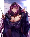  1girl absurdres bangs breasts cleavage covered_navel dress eyebrows_visible_through_hair fate/grand_order fate_(series) fur_trim highres holding holding_wand long_hair looking_at_viewer musicatopos purple_dress purple_hair red_eyes scathach_(fate)_(all) scathach_skadi_(fate/grand_order) solo tiara wand 