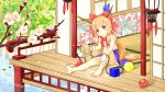  1girl ball bare_legs barefoot beans blonde_hair blue_bow bow chain commentary_request day feet flower flower_request hair_bow hand_on_own_leg highres holding horn_bow horns ibuki_suika leaf legs long_hair looking_at_viewer mask masu object_request oreyutadesu outdoors red_bow red_eyes sitting sleeveless smile soles solo tatami toes touhou tree_branch very_long_hair water wrist_cuffs 
