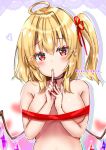  1girl ahoge armpit_crease arms_up bare_arms bare_shoulders blonde_hair blurry blush breasts choker closed_mouth crystal eyebrows_visible_through_hair eyelashes finger_to_mouth flandre_scarlet hair_between_eyes hair_ribbon headwear_removed heart highres holding looking_at_viewer medium_breasts medium_hair naked_ribbon nude one_side_up outline red_eyes red_nails ribbon sakuramiya_nya solo touhou twitter_username upper_body white_background white_outline wings 