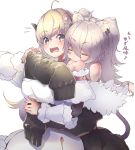  2girls ahoge animal_ears bangs bare_shoulders biting blonde_hair blush breasts closed_eyes detached_sleeves dress ear_clip eyebrows_visible_through_hair fur-trimmed_dress fur-trimmed_jacket fur_trim grey_hair hair_between_eyes hair_ornament hairclip hands_on_another&#039;s_arm hololive horns hug hug_from_behind jacket lion_ears lion_girl lion_tail long_hair looking_at_another looking_at_viewer looking_to_the_side moritatsu multiple_girls off-shoulder_jacket open_mouth purple_eyes sheep_girl sheep_horns shishiro_botan simple_background sleeves_past_fingers sleeves_past_wrists tail translation_request tsunomaki_watame upper_body virtual_youtuber white_background white_dress wool yuri 