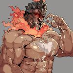  1boy abs bara bare_chest chest chest_hair fire food food_on_body food_on_face glowing glowing_eyes helmet male_focus muscle nipples red_eyes rybiokaoru sexually_suggestive solo surtr_(tokyo_houkago_summoners) tokyo_houkago_summoners upper_body veins 
