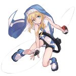  1boy bangs bike_shorts black_gloves blonde_hair blue_eyes blue_footwear blue_headwear blue_shirt bridget_(guilty_gear) closed_mouth cuffs eyebrows_visible_through_hair fingerless_gloves gloves guilty_gear guilty_gear_x habit handcuffs holding long_hair looking_at_viewer male_focus neck_ribbon nun otoko_no_ko oversized_object ribbon shirt shoes short_shorts shorts simple_background sleeveless sleeveless_shirt smile socks solo soto standing white_background white_legwear wrist_cuffs yellow_neckwear yo-yo 