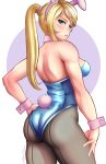  1girl adapted_costume animal_ears ass bangs blonde_hair blue_eyes blush breasts bunny_ears bunny_girl bunny_tail bunnysuit catslikestodraw choker eyebrows fake_animal_ears from_behind hand_on_own_thigh highres jackary lips medium_breasts metroid pantyhose parted_bangs ponytail samus_aran sidelocks sleeve_cuffs solo tail toned twitter_username 