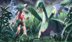  1girl bare_arms bike_shorts black_legwear brown_hair commentary_request dark_sky fanny_pack foliage gen_3_pokemon gloves grass green_bandana holding holding_poke_ball lightning may_(pokemon) outdoors pelipper poke_ball poke_ball_(basic) pokemon pokemon_(creature) pokemon_(game) pokemon_emerald pokemon_rse rain rowdon socks tall_grass tropius twintails 