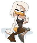  2020 absurd_res anatid anseriform anthro aunt_maire avian bedroom_eyes bird clothing della_duck disney duck ducktales_(2017) feathers female hi_res lingerie narrowed_eyes nipples prosthetic prosthetic_leg prosthetic_limb seductive simple_background sitting solo translucent translucent_clothing white_background white_body white_feathers 