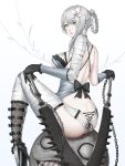  1girl ass bandaged_arm bandaged_leg bandaged_neck bandages bangs bare_shoulders bow bowtie braid breasts butt_crack chain commentary_request flower gloves hair_flower hair_ornament highleg highres jagged_sword kaine_(nier) lingerie lips looking_at_viewer looking_back lunar_tear medium_breasts negligee nier nier_(series) nyatokanyaru pale_skin parted_lips shiny shiny_hair silver_hair simple_background sitting solo sword thighs tied_hair underwear weapon yellow_eyes 